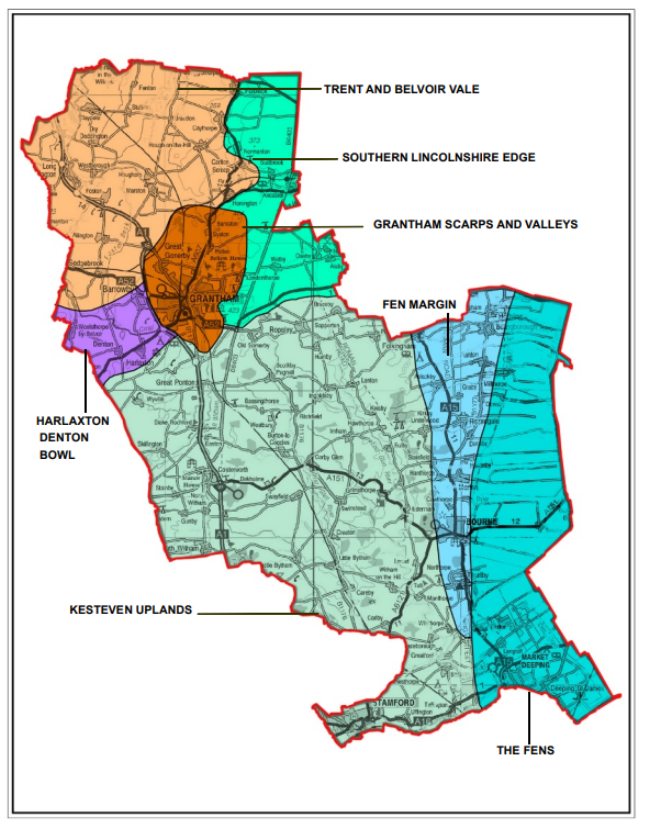 A map of Trent and Belvoir Vale; Southern Lincolnshire Edge; Grantham Scarps and Valleys; Fen Margin; Harlaxton Denton Bowl; Kesteven Uplands; and The Fens.