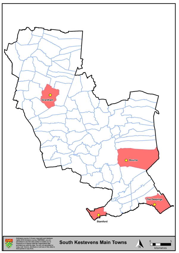 Map showing main towns of South Kesteven as Grantham, Stamford, Bourne, and The Deepings