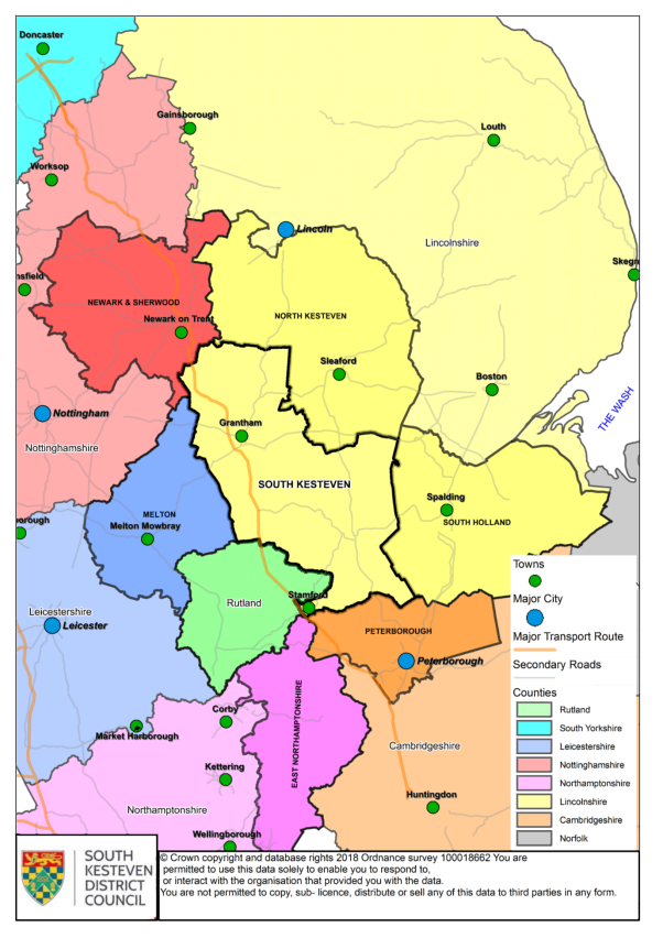 A map of South Kesteven in Geographical context showing surrounding Counties, Towns, major cities, major transport route, and secondary roads.