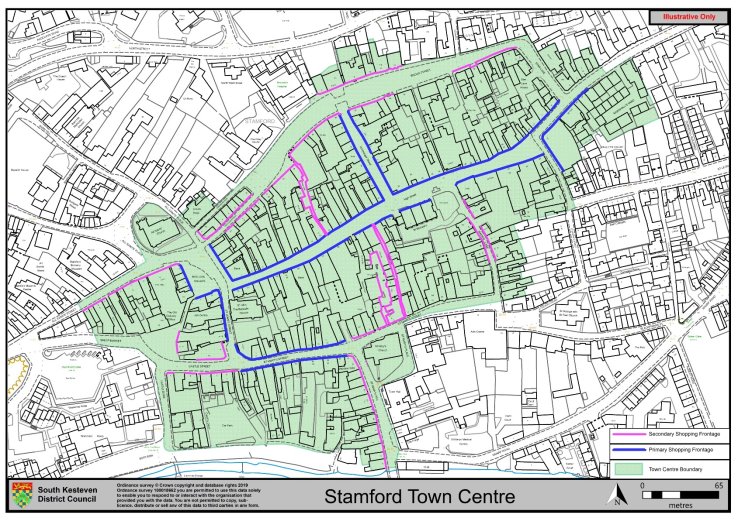 Map of Stamford Town Centre showing Primary and Secondary Shopping Frontages