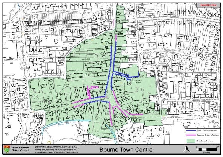 Map of Bourne Town Centre with Primary and Secondary Shopping Frontages highlighted