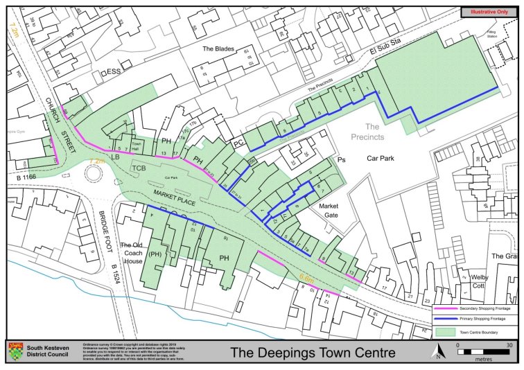 Map of Deepings Town Centre with Primary and Secondary Shopping Frontages highlighted