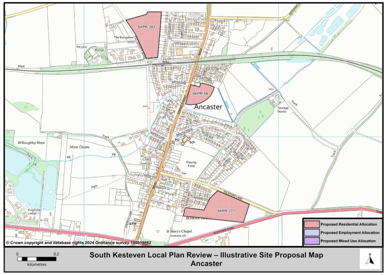 A map of South Kesteven highlighting Proposed Residential, Employment and Mixed Use Allocation.