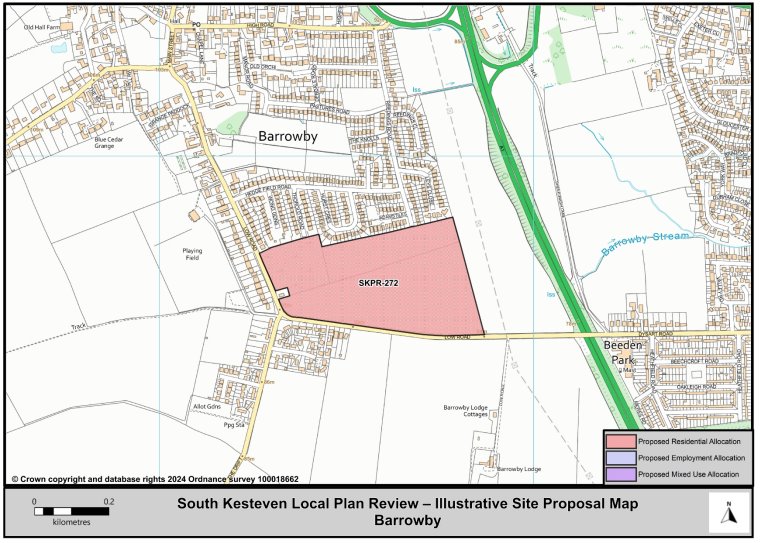 A map of Barrowby highlighting Proposed Residential, Employment and Mixed Use Allocation