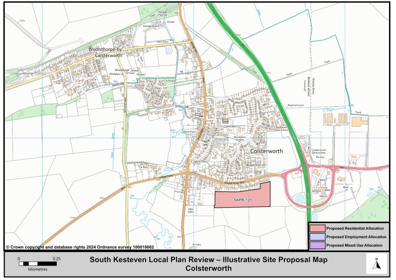 A map of Colsterworth highlighting Proposed Residential, Employment and Mixed Use Allocation