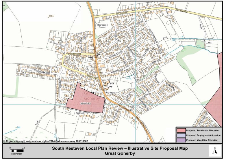 A map of Great Gonerby highlighting Proposed Residential, Employment and Mixed Use Allocation