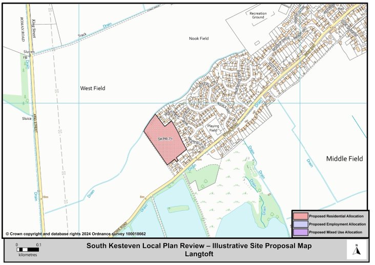 A map of Langtoft highlighting Proposed Residential, Employment and Mixed Use Allocation