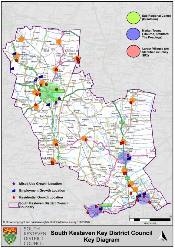 A map highlighting Sub Regional Centre (Grantham), Market Towns (Bourne, Stamford, The Deepings), and Larger Villages (As Identified in Policy SP2)