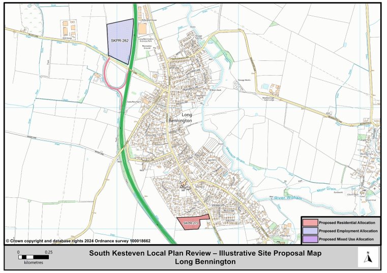 A map of Long Bennington highlighting Proposed Residential, Employment and Mixed Use Allocation