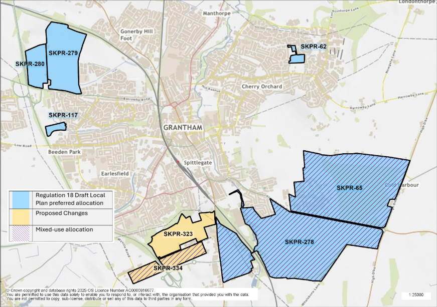 Map of Grantham showing preferred land allocations SKPR-280, SKPR-279, SKPR-117, SKPR-62, SKPR-65, SKPR-278, SKPR-323, and SKPR-334