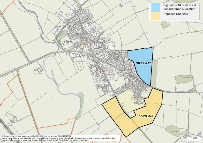 Map of Corby Glen showing preferred land allocations SKPR-247 and SKPR-233