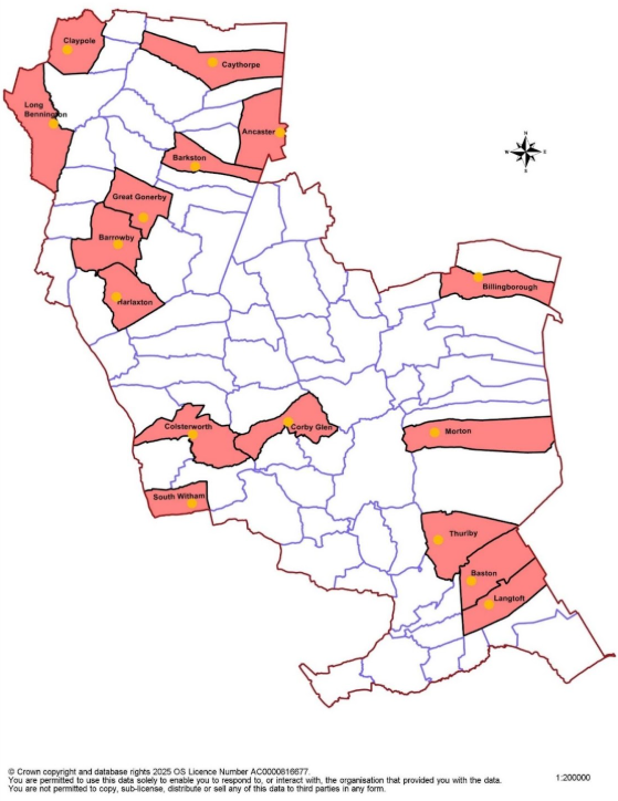 Map of South Kesteven’s larger villages: Ancaster, Barkston, Barrowby, Baston, Billingborough, Caythorpe and Frieston, Claypole, Colsterworth, Corby Glen, Great Gonerby, Harlaxton, Langtoft, Long Bennington, Morton, South Witham, Thurlby and Northorpe