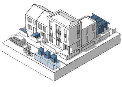 Fig 5.10: Refuse bin storage options (highlighted in blue) include concealed front garden stores, rear bin stores and communal collection points.