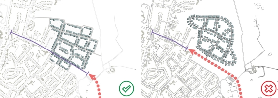 Fig 6.1: Examples of appropriate and inappropriate integration of new developments. The dotted orange line represents a fast trunk road, while the purple line represents an urban street. The acceptable example replicates the urban form and permeability of the existing urban form, with multiple street accesses, while the unacceptable example has only one access.