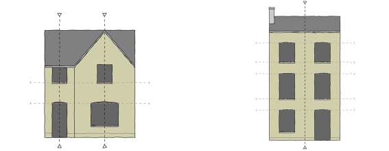 Fig 7.3: The top or bottom of windows should align and house facades should aim for symmetry either as a whole or within individual elements of the façade.