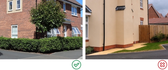 Fig 5.3: On the left, a hedge border clearly delineates the space as private, whereas the example on the right shows a patch of grass which appears as leftover space, neither public or private