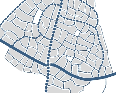 Fig 4.4: Diagram of street hierarchy showing a primary street (dotted), secondary streets (dashed) and a large network of tertiary streets.