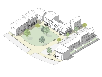 Fig 5.4: A garden square overlooked by a variety of building types and uses, with on-street parking along adjacent streets, is an example of an appropriate public space at the heart of a neighbourhood