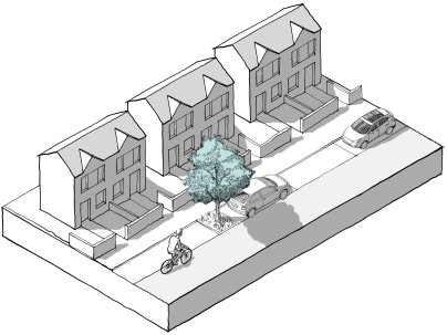 Fig 3.3: A street tree integrated between on-street parking, with rain gardens at the base