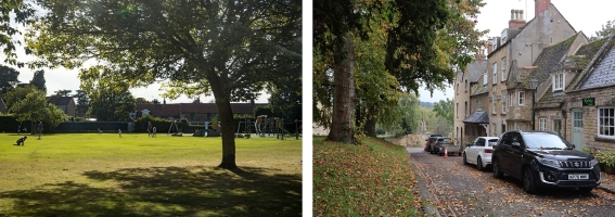 Fig 5.7: Barrowby Village Green (left), a large green at the heart of the village which includes a playground, and homes overlooking St Peter's Green in Stamford (right)