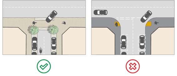 Fig 4.8: An example of a standard crossing and a Copenhagen crossing, where the pavement height and materials are extended across the junction, thereby prioritising pedestrians.