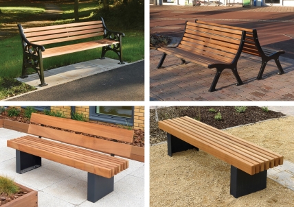 Images showing examples of well designed public benches, illustrating appropriate locations for areas that offer shade, close to amenities or simply somewhere with a good view.